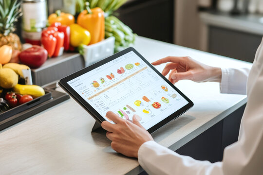Digital meal planning and nutrition tracking on tablet in modern kitchen