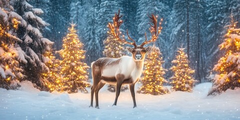 Obraz premium Peaceful Winter Landscape Featuring Reindeer and Lights
