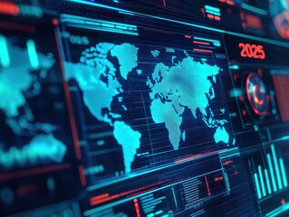 Fototapeta premium Futuristic digital world map with data overlays and vibrant colors.