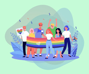 Fototapeta premium Group of happy people holding rainbow flag vector illustration. Cartoon drawing of LGBT persons celebrating pride month, woman with megaphone. LGBTQ community, communication, human rights concept
