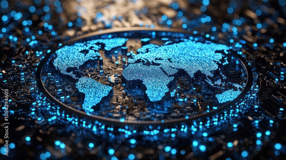 Aufkleber a digital world map formed by glowing blue lights on a circuit board