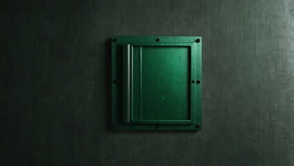 Green square symbol on a metallic backdrop.