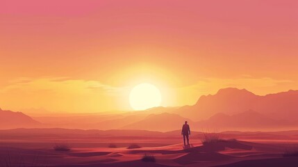 Picture of desert sunrise with solo traveler flat design front view peaceful morning theme animation Complementary Color Scheme