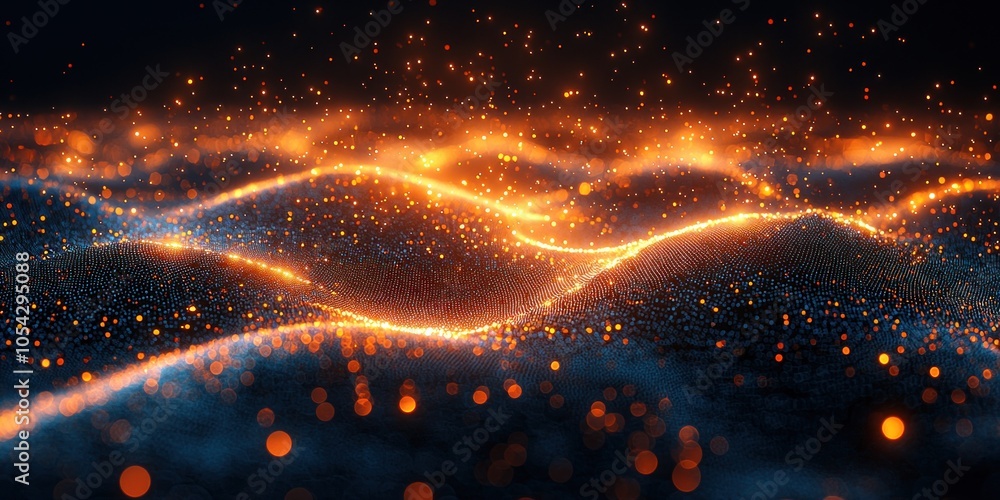Poster abstract digital landscape with glowing orange particles and bokeh lights