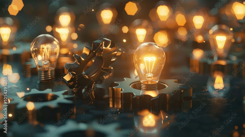Poster creative efficiency: illuminated gears symbolizing innovative business concepts and technological ad