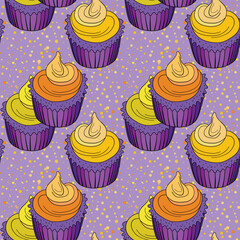 Seamless pattern with cupcakes. Muffin cake, sweet cupcake with cream, delicious pastries. Modern vector illustration for fabric, textile. Dessert print for a candy bar