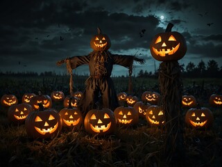 Haunted scarecrow in a dark field surrounded by glowing jack-o'-lanterns.