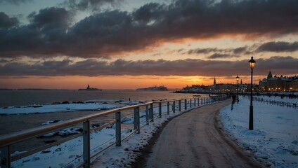 Obraz premium Helsinki seaside promenade on a cold winter day at sunset.