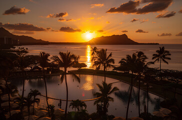 sunset on the Big Island of Hawaii, with palm trees and people walking along an area near water, reflecting on its surface. The sky is orange and pink from the sun setting behind some coconut palms