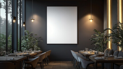 Fototapeta premium Modern restaurant interior with sleek, minimalist design. A large blank white mock-up poster is displayed on the wall