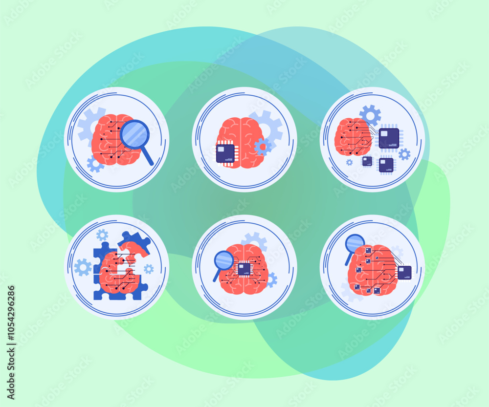 Poster icons of ai brains with memory chips vector illustrations set. cartoon drawings of brains with magni