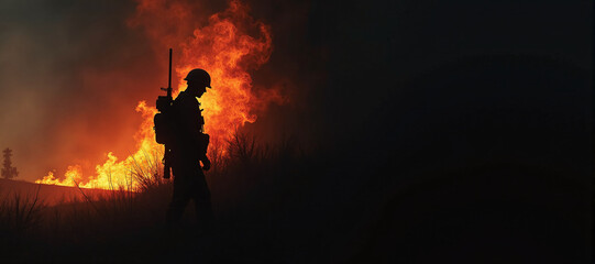 Obraz premium silhouette of a soldier in which warlike actions take place on the battlefield in war, destruction and trauma caused by conflict and war