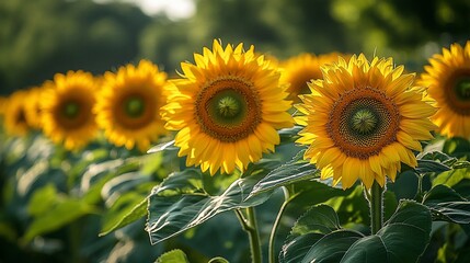 Obraz premium A field of sunflowers with bright yellow petals and green leaves, bathed in warm sunlight.