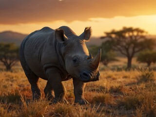 Obraz premium Illustration of a cute baby rhino in a bright savannah at golden hour.