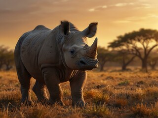 Fototapeta premium Illustration of a cute baby rhino in a bright savannah at golden hour.