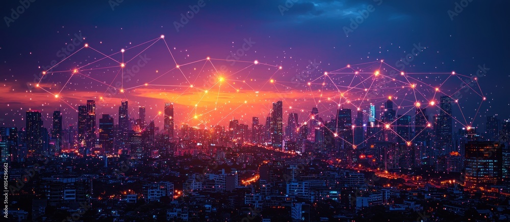 Poster illuminated cityscape with glowing network connections overlay