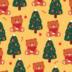 Fototapeta premium seamless pattern cartoon bear with christmas stuff. cute christmas wallpaper for fabric print, gift wrap paper