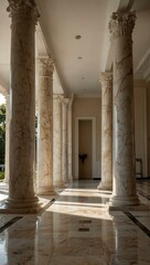 Long white hallway with marble pillars and warm sunlight.