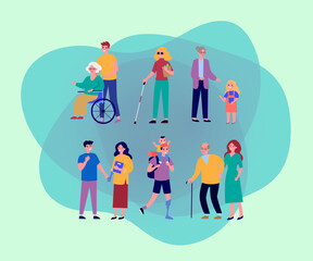 People with disabilities vector illustrations set. Volunteers and family helping men and women with prosthetic leg or arm, senior person in wheelchair, blind woman. Inclusion, community concept