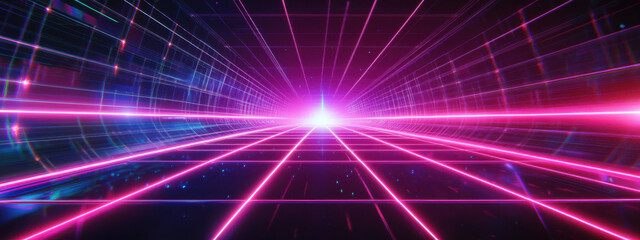 Naklejka premium vibrant, futuristic digital landscape with neon lines converging towards bright center, evoking sense of depth and motion