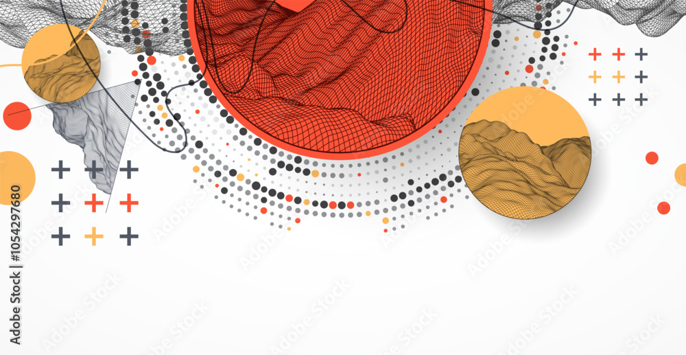 Aufkleber The abstract wave is made in a frame style with half tone element. Template for science and technology presentation. Hand drawn vector art.