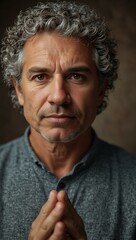 Fototapeta premium Mature man with curly gray hair meditating.