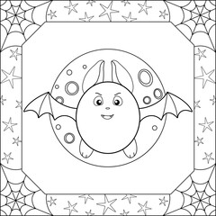Cute bat on the background of the full moon in a square frame with a web and stars - a vector linear picture for coloring. Outline. Halloween coloring book for kids with a funny bat.	