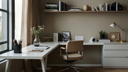 Minimalist workspace with sleek decor and neutral tones.