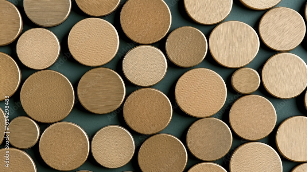 Poster Close up of wooden circles with a brownish color. The circles are arranged in a pattern and appear to be of different sizes. Concept of warmth and coziness