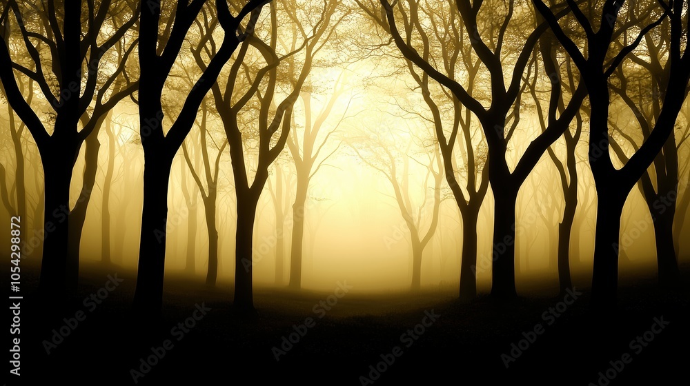 Wall mural forest with trees in the foreground and background. the trees are tall and the sky is cloudy