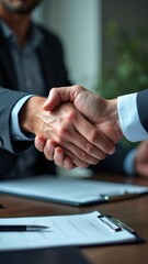 Close-up photo of business handshake during formal agreement, corporate partnership concept