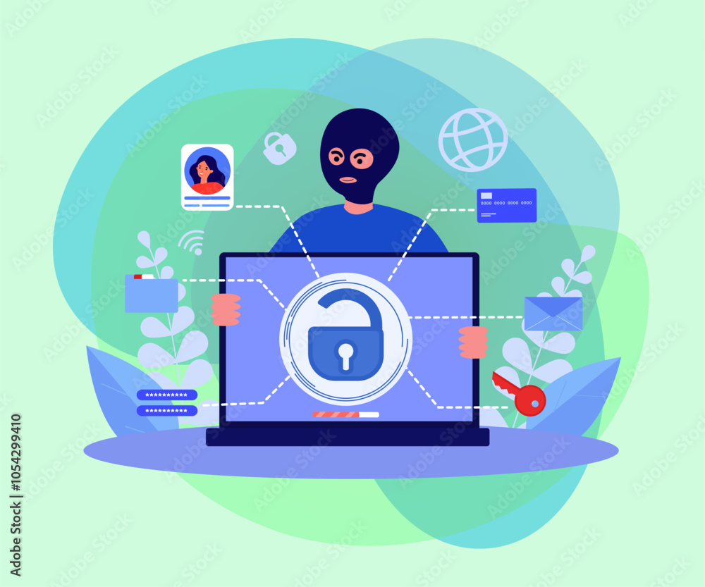 Aufkleber thief in mask stealing computer vector illustration. laptop with lock on screen, hacker getting acce