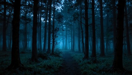 Obraz premium Mysterious blue light illuminating a serene forest landscape at dusk.