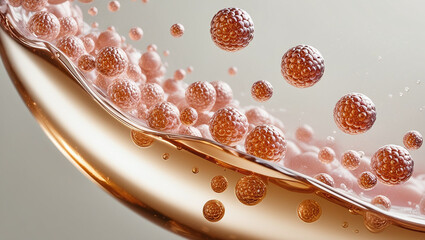 Molecules in motion under a microscope - cosmetic essence for skin cells