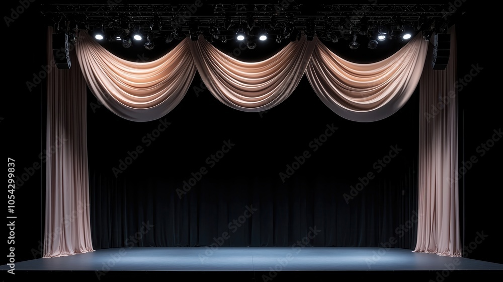 Poster stage with a curtain in the middle and two curtains on either side. the stage is empty and the curta