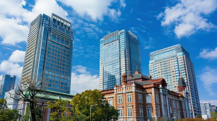 Fototapeta premium Two contrasting skyscrapers: one modern and one historical.