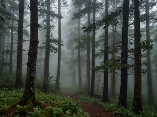 Fototapeta premium Peaceful morning in a fog-covered forest.