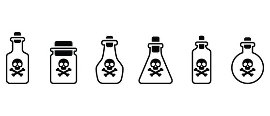 Poison Bottle icon set, Icon illustration of a set of poison bottles with a skull label on top. Chemical weapons, acids or poisons. Chemical glass bottle with skull and crossbones label vector icon.