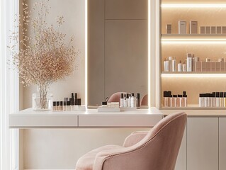 Luxury makeup vanity table with a large mirror, soft lighting, organized beauty products, and a pink velvet chair