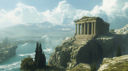 Ancient Greek Temple on Cliff Overlooking Ocean and Mountains in Scenic Landscape