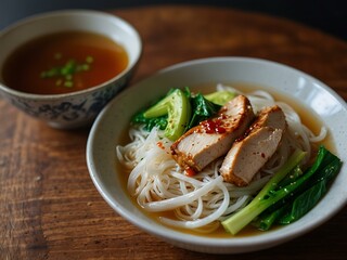 Rice noodles topped with chicken and bok choy, served with broth and chili sauce.