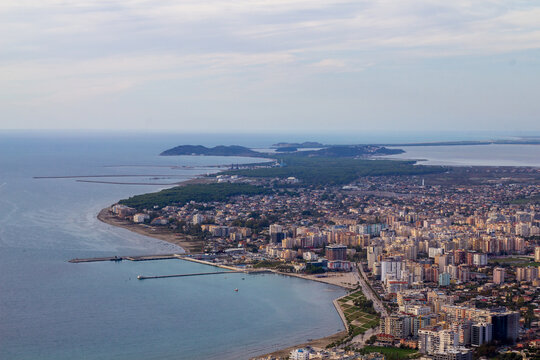 Distant view of Vlor&euml; Albania from a nearby mountain pass in October 2024