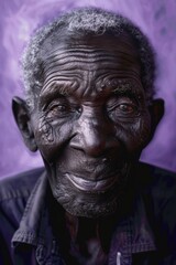 Fototapeta premium Elderly Man's Wise Smile on Lavender Background - Portrait Photography for Print or Poster
