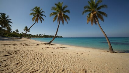 Obraz premium Scenic beach with palm trees and a clear blue sky.
