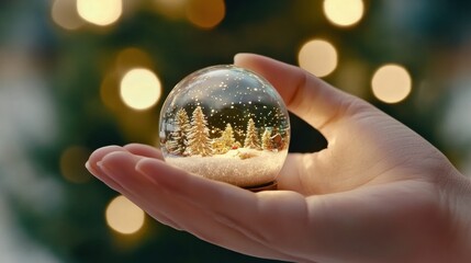 Snow globe with a winter wonderland scene held in a hand, glowing with festive lights, AI