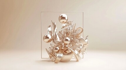 Frame on a backdrop of abstract glossy silver and gold spheres with elegant gold swirls on a white background with reflective lighting and a luxurious finish.