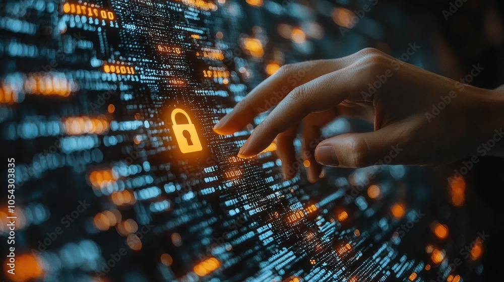 Poster Hand Interacting with a Digital Lock Icon on a Screen with Code and Bokeh Lights