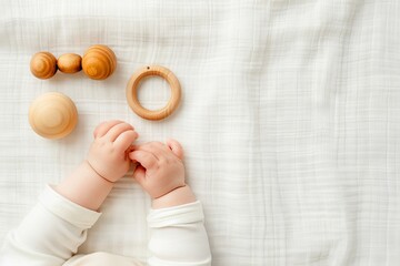 Close-up of a baby's hands reaching for wooden toys on a white blanket. The image is a symbol of innocence, playfulness, and early childhood development.