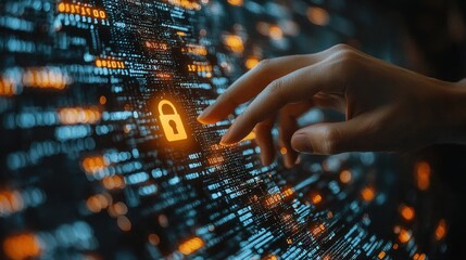 Obraz premium Hand Interacting with a Digital Lock Icon on a Screen with Code and Bokeh Lights
