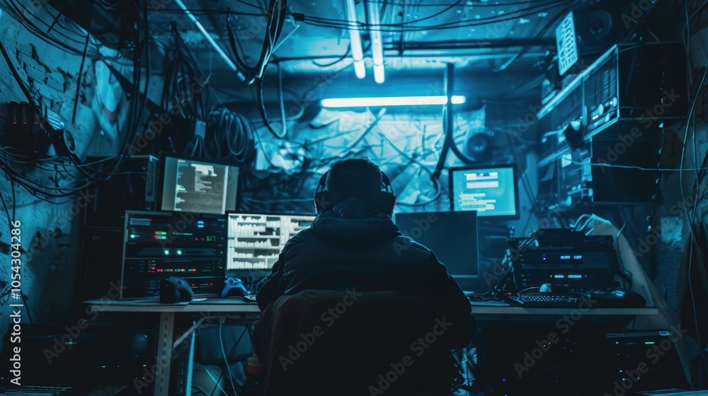 Poster cybersecurity threat: hacker infiltrating systems in high-tech basement setting